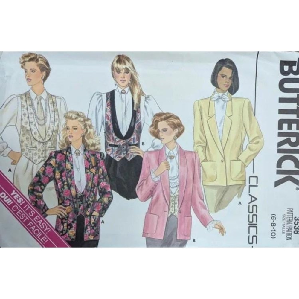 Butterick Sewing Pattern 3536 Misses 6-10 Multicolor 1980s Jacket Vest Uncut